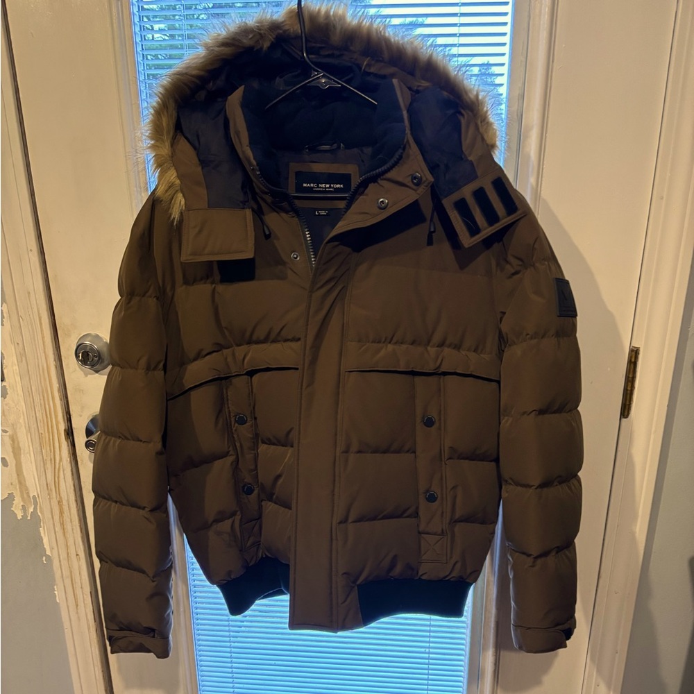 Men's Brown Puffer Jacket with Fur Hood